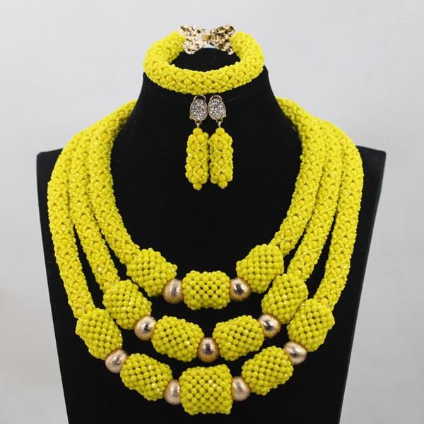 Collana Orecchini Set Trendy Giallo Limone Cristallo Nigeriano Africano Da Sposa/Donne Perline ANJ225