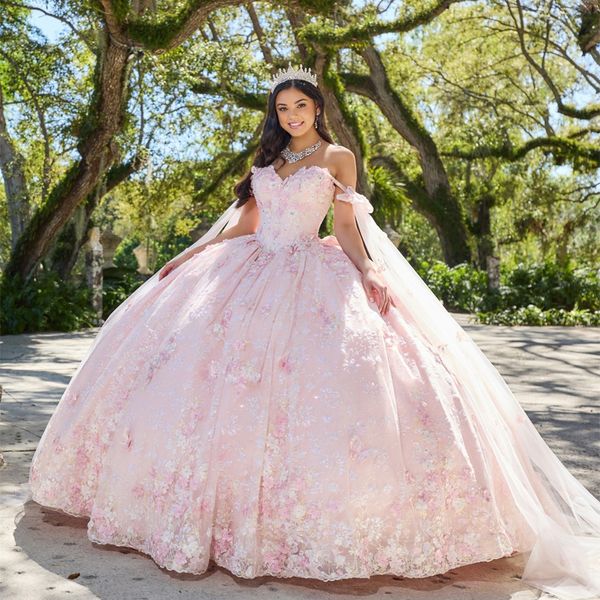 Rosa Luxus Quinceanera Kleider Perlen 3DFlowers Applikationen mit Cape Geburtstag Party Ballkleider Prom Party Kleid Vestidos De 15 Jahre