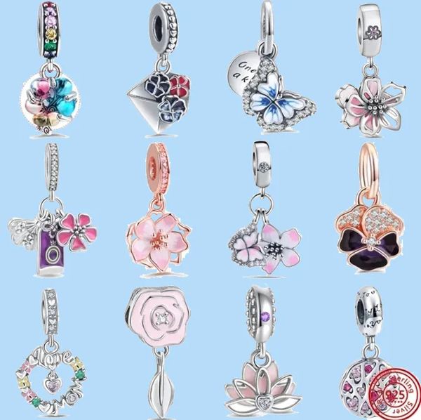 925 accessori con perline di fascino adatti a gioielli con ciondoli pandora Sakura Pansy Butterfly Dangle Bead