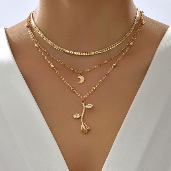 Bohemia Multilayer Moon Gold Color Подвесной ожерелья для женщин Rose Flower Choker Ожерелье 2022 Дар вечеринки модных ювелирных изделий.