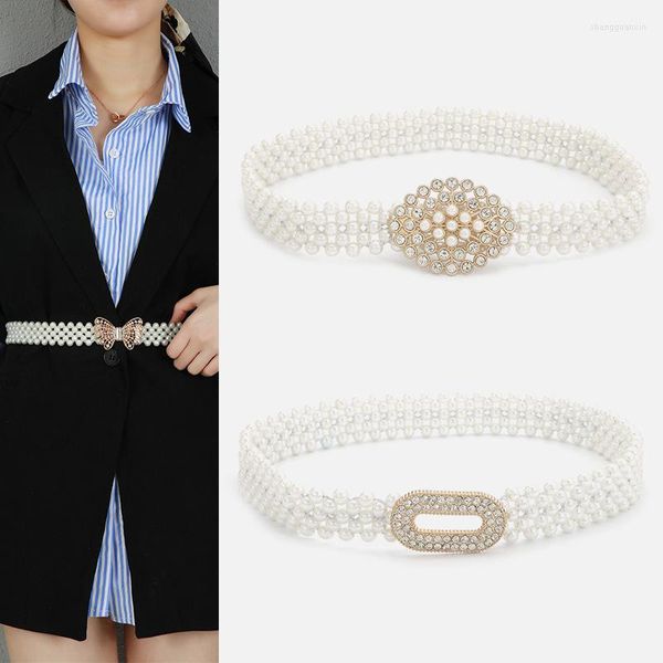 Cinture Cintura elastica di perle bianche per le donne Accessori per abiti casual alla moda Cinturino in vita con fibbia in strass sottile di tendenza retrò gotico 2023