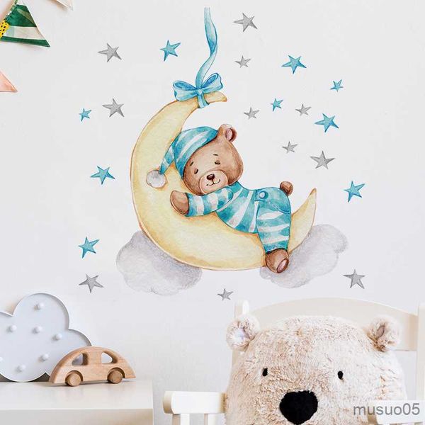 Adesivos para crianças de brinquedos de brinquedos fofos dormindo na lua adesivos de parede de ursinho de pelúcia para o quarto de bebê crianças garotas decoração de parede decalque decoração de decoração de parede de parede