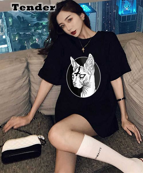 Женская футболка Готическая футболка Женская футболка Death Metal Sphynx Cat Черная рубашка Harajuku с коротким рукавом Корейские топы Y2k Футболка с рисунком кота сфинкса P230515