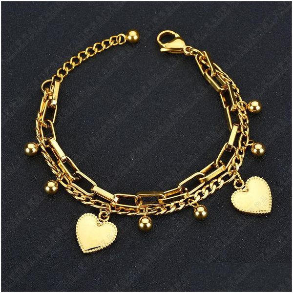 Bracelets de charme mtilayer aço inoxidável coração redondo miçangas mulheres pulseira de moda de amor ornamentos de ouro