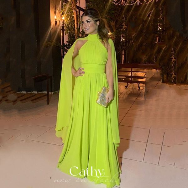 Partykleider Cathy Fluoreszierendes gelbes Abendkleid mit Schal Sexy bodenlang Vestidos de Fiesta Gute Qualität Chiffon Prom 230515