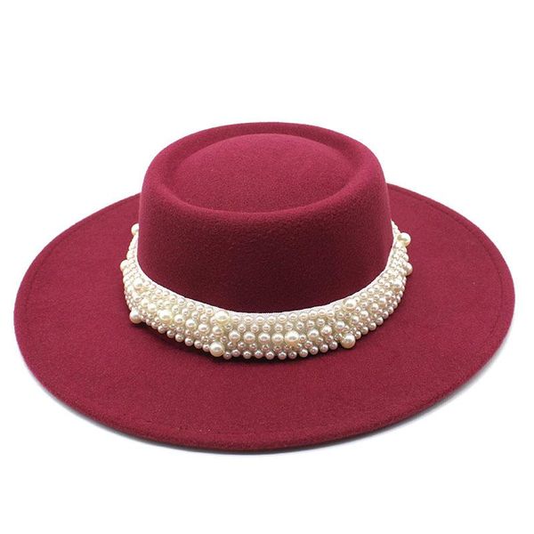 Chapéus largos de aba redonda chapéu plano feminino-convexo Top pérola Fedora Autumn e Winter Wool Felt Big Men Mulheres