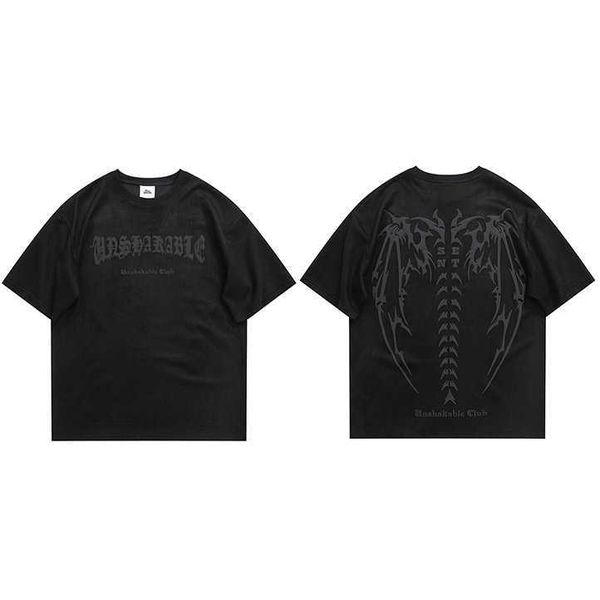 Erkekler Tişörtler Süet Tshirt Street Giyim Şeytan Kanatları İskelet Grafik T-Shirt Harajuku 2023 T Shirt Unisex Üst Tees Kısa Kol Hipster L230515
