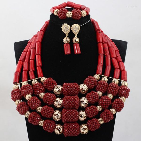 Brincos de decote Conjunto de Luxo Africano Completo de Luxo Real de Coral Minchado Jóias Chunky para Casamento Nigeriano 3 Cores ABH259