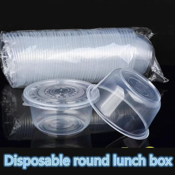 Konteynerleri çıkarın 50pcs Tek kullanımlık yuvarlak öğle yemeği kutusu plastik kase kalın şeffaf uygun paketlenmiş pp püresi