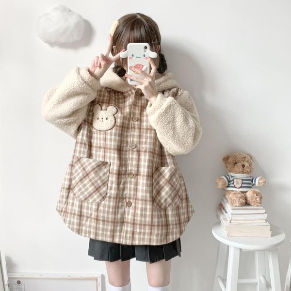 Trench da donna giapponese Kawaii Teddy Cappotto in pile da donna Cute Bear Cartoon Felpa con cappuccio in lana soffice Inverno Lovely Soft Girls Plush