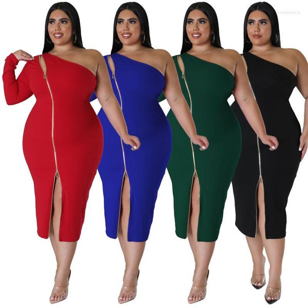 Vestidos casuais de tamanho grande mulheres vestem zíper sexy lateral dividido um ombro mangas compridas moda bodycon mid bezerro 2023 mola