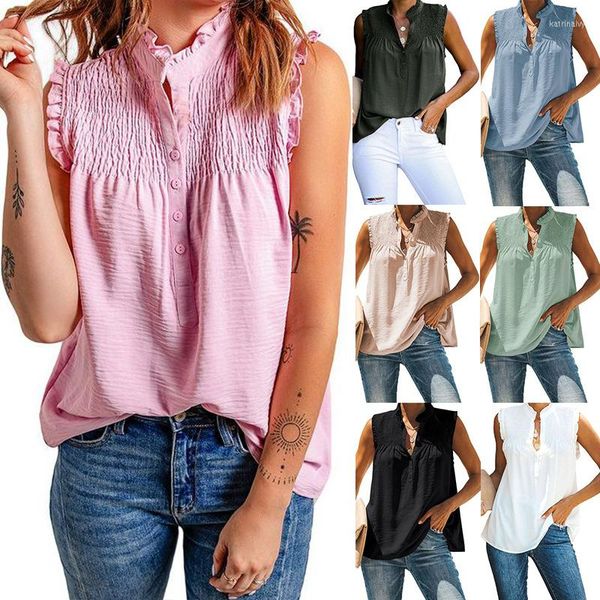 Camicette da donna Moda Donna Collo alto Bottone Collo a foglia di loto Camicia senza maniche in chiffon allentato Camicia senza maniche Top casual Blusas Mujer