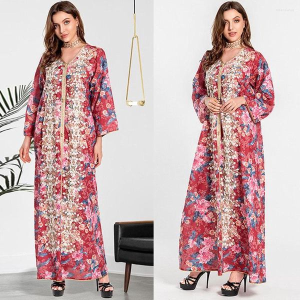 Abbigliamento etnico Elegante ricamo floreale Stampa maxi abito da donna Moda manica lunga Abaya musulmano Abito da caftano arabo islamico Dubai