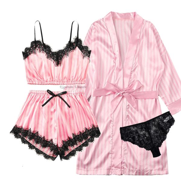 Damen-Nachtwäsche, rosa gestreifte Nachtwäsche, Damen-Pyjama-Anzug mit Robe, sexy Kunstseide, Damen-Hauskleidung, sexy süße Pyjamas für Frühling und Sommer 230515