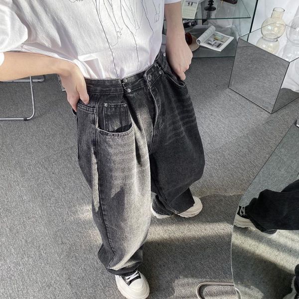 Jeans masculinos 2023 Autumn coreano Pequeno cintura alta perna larga Pontas de perna larga solteira calça de jeans preta casual masculino vintage y6263