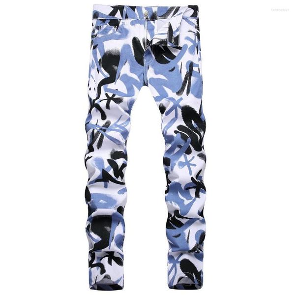 Herren Jeans Herren Mode Digitaldruck Hosen Graffiti Linien Farbige Zeichnung Gemalt Stretch Slim Tapered Hose