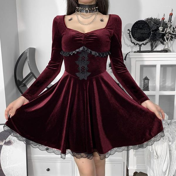 Casual Dresses E-Girl Gothic Kleidung Schwarz Samt Minikleid Spitzenbesatz Hohe Taille Korsett Suqare Neck A-Linie Elegante Dame Frauen Herbst