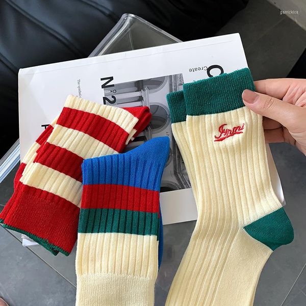 Männer Socken 2023 Mode Herbst Gestreiften Baumwolle Lange Für Frauen Atmungsaktive Soft Koreanischen Stil Nette Stickerei Mädchen Casual Komfort