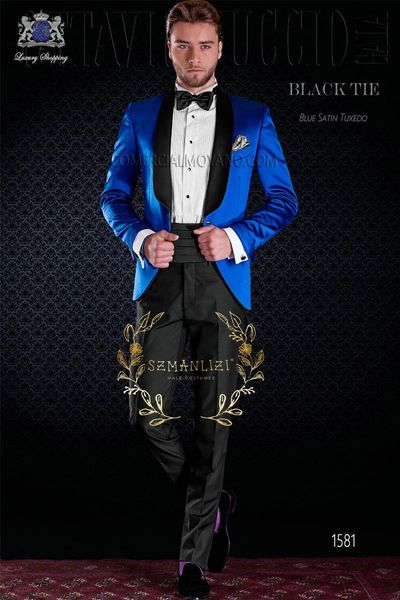 Ternos masculinos Blazers Szmanlizi Trajes masculinos italiano Royal Blue Satin Wedding Tuxedo Smoking Jacket Dress Groom Groomsmen Prom