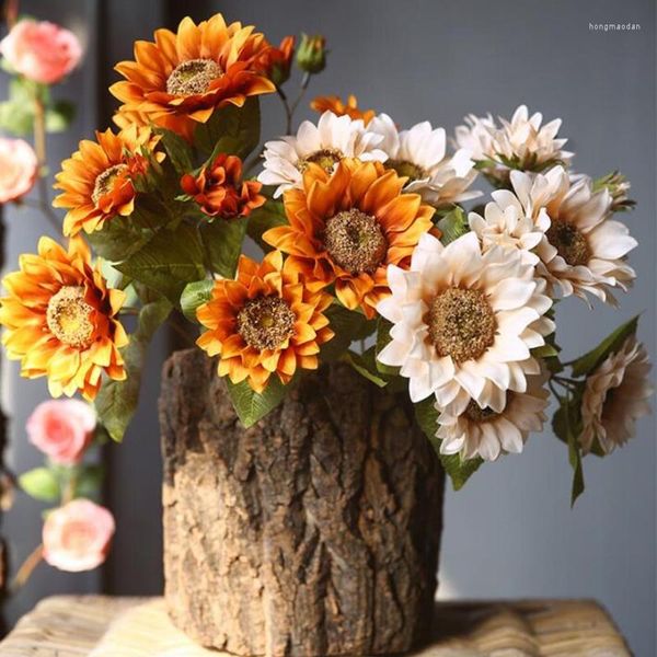 Dekoratif Çiçekler Yapay Ayçiçeği Rustik Boyama Stili Gerçekçi İpek Düğün Partisi Buket Masa Merkez Parçaları Bahçe Dekoru