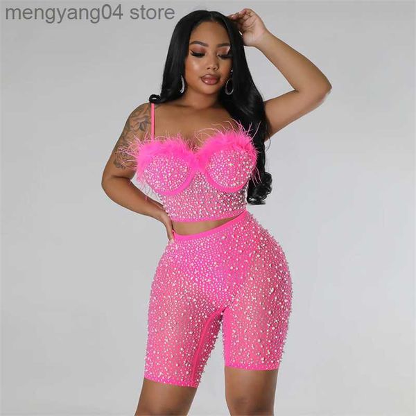 Femininos de tracksuits Strass Pérolas Sexy Two Peice Set Crop Crop Top e Shorts Party Club Roupfits for Women Festival Festival Feathers Combining Conjuntos T230515