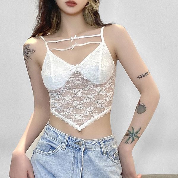 Serbatoi da donna Fashion Vest 2023 Summer White Tinta unita Slim Short Sexy Lace Rope High Street Decorazione Sling Abbigliamento donna