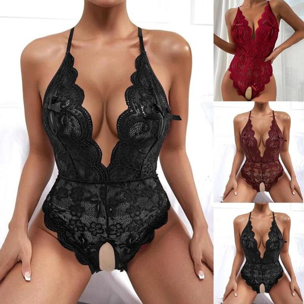 Indumenti da notte da donna Intimo sexy da donna con scollo a V Babydoll Lingerie Pizzo Backless Cordino Intimo Completo attillato siamesi Abiti per adulti