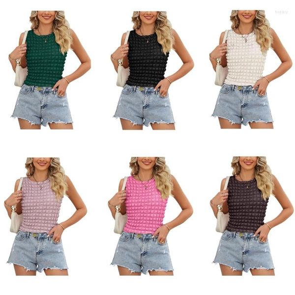 Damen-Tanks, Rundhalsausschnitt, einfarbig, 3D-Plaid, strukturiert, Crop-Top, Sommer, ärmellos, Rüschenbesatz, figurbetontes Leibchen, Weste, T-Shirt