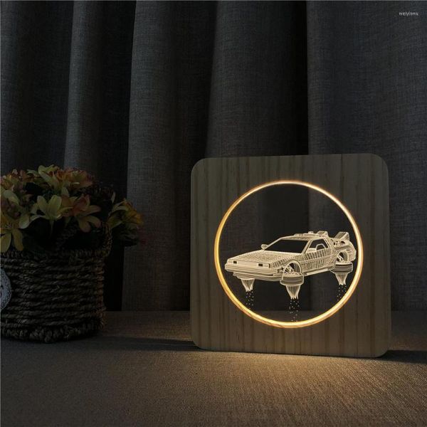 Luci notturne Super Wheels Car 3D LED Arylic Lampada da tavolo in legno Interruttore della luce Controllo Carving per la camera dei bambini Decorare Dropship