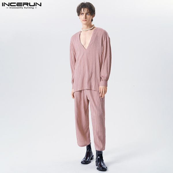 Tute da uomo Imposta Tinta unita Pieghettato Oversize Scollo a V T-shirt manica lunga Pantaloni larghi 2 pezzi Streetwear Abiti casual INCERUN 230512