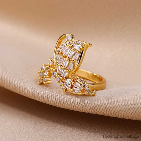 Bandringe Vintage Gold Farbe Schmetterling Zirkon Ringe für Frauen verstellbare Edelstahl Hochzeit ästhetische Schmuck Ringe Geschenk