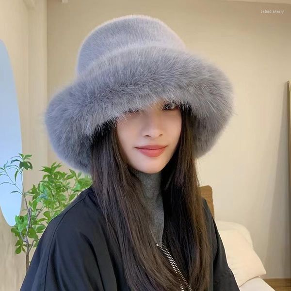 Berretti 2023 Big Fluffy Faux Fur Bucket Hat per le donne Luxury Plush Fisherman's Warm Winter Addensare Cold Snowy Day Panama Cap