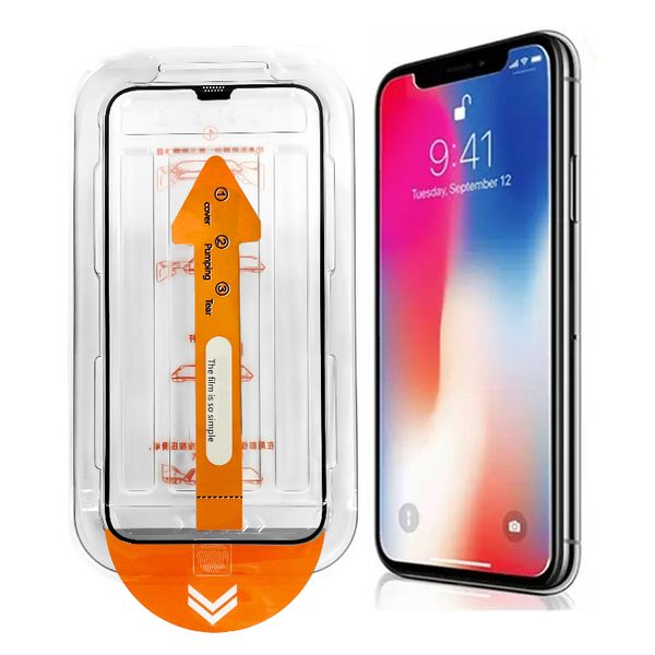 EZ Fit Clear Screen Protector per iPhone 14 13 12 11 Pro Max XR XS MAX telefono Pellicola protettiva in vetro temperato Senza polvere Vassoio di facile installazione