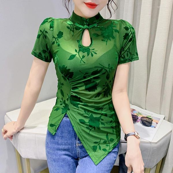 Frauen T-Shirts Sommer 2023 Chinesischen Stil Vintage T-shirt Frauen Stehen Kragen Frosch Tasten Aushöhlen Mesh Tops T Kurzarm 32919