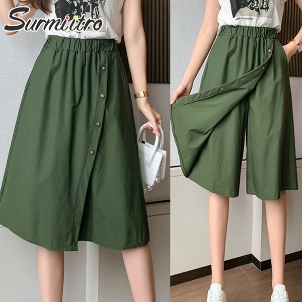 Frauen Shorts SURMIITRO Mode Sommer Koreanischen Stil Baumwolle Breite Bein Capris Frauen Kurze Hosen Hohe Elastische Knospe Taille Shorts Röcke weibliche 230515