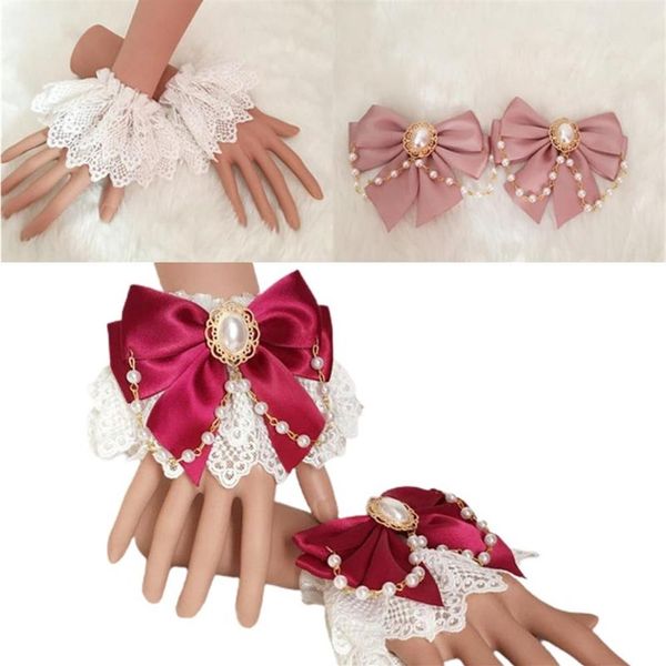 Giapponese Sweet Lolita Polsini a mano Polsini Doppio strato Pizzo floreale Bowknot Bracciale Polsino Imitazione Catena di perle Gioielli Cameriera Te F2293