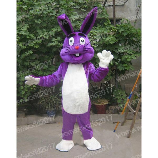 Costume da mascotte coniglietto pasquale di Halloween Simulazione Coniglio viola Personaggio dei cartoni animati Vestito completo Carnevale Adulti Festa di compleanno Vestito operato per uomo Donna