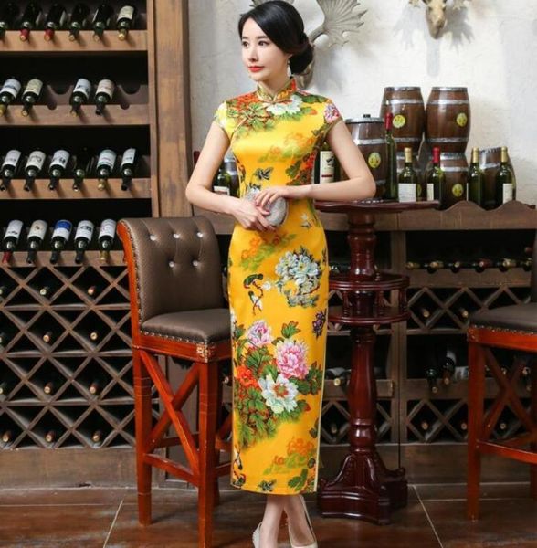 Ethnische Kleidung Sommer Blumendruck Slim Fit Cheongsam Kleid Chinesischen Stil Stehkragen Nähte Hohe Geteilte Saum Tasche Hüfte Qipao