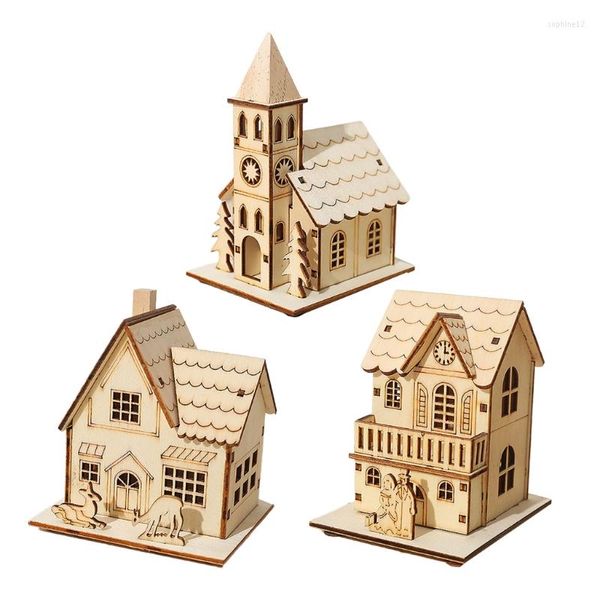 Weihnachtsdekorationen Mini leuchtendes Holzhaus LED-Licht Ornament Kirche Elch Design für Zuhause Dorf Bauernhaus Dekoration Weihnachtstisch