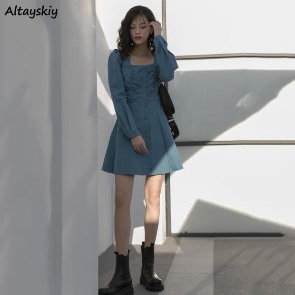 Lässige Kleider Langarm Kleid Womens Square Kragen Französisch Stil Hohe Taille Koreanische Version A-Linie Mini Retro Chic Femme Knöpfe Flut