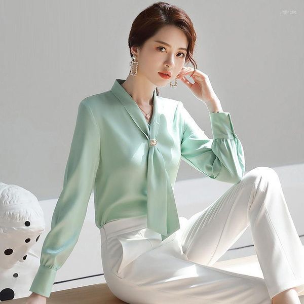 Blusas femininas Chiffon White Shirt Feminino Office Elegant Fall Corean Lady Top Moda Verde Slusas Profissional Longo Longa