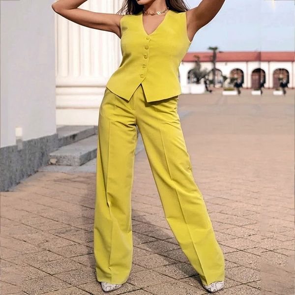 Pantaloni da donna a due pezzi EVERBELE Donna Estate Moda sexy Elegante cravatta senza maniche Colore giallo Pantaloni da abito a due pezzi per donna Femal 230515