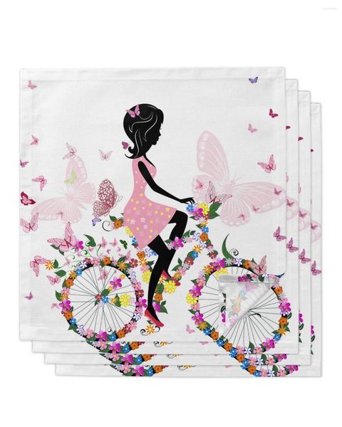 Tischserviette, 4 Stück, Motiv: Frau, Schmetterling, Fahrrad, quadratische Servietten, 50 cm, Party, Hochzeit, Dekoration, Stoff, Küche, Abendessen, Servieren