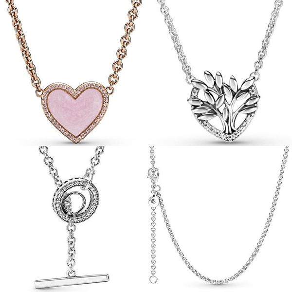 Pingentes do Círculo de Círculo T-Bar Pink Swirl Heart Family Tree Collier 925 Sterling Silver Rolo Chain Colar para jóias de charme de contas de moda