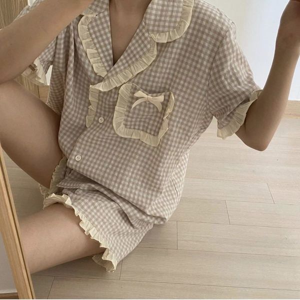 Damen-Nachtwäsche, koreanischer Pyjama für Damen, Sommer-Loungewear, Nachtwäsche-Sets, Mädchen, süßer karierter Revers-Pyjama, Kawaii-Rüschen-Pijama, japanischer Heimanzug, 230515