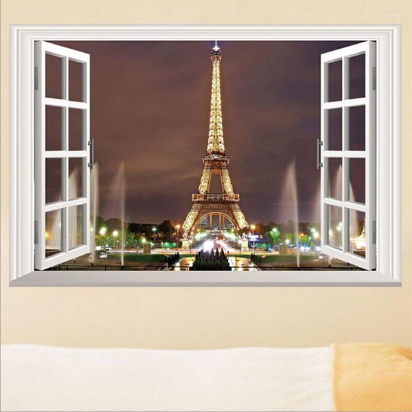 Adesivos de parede chegam moda 3d janela paris eiffel torre adesivo art decalque decalque diy mural decoração de casa