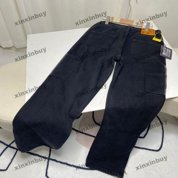 xinxinbuy Calças de grife masculinas e femininas com letras em relevo Conjuntos de jeans com painéis 1854 Jeans primavera verão Calças casuais pretas S-XL