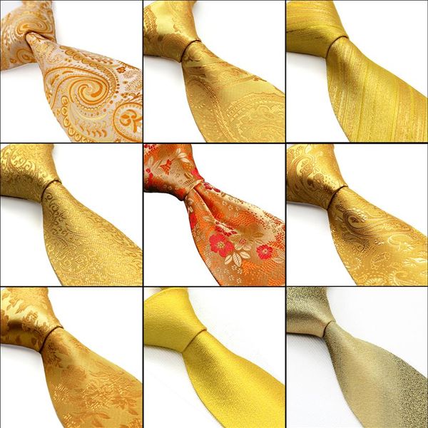 Cravatte da uomo in oro giallo giallo arancio cravatte Paisley Floral Solid Stripes 100% seta jacquard tessuto cravatta set tasca quadrata 296Y