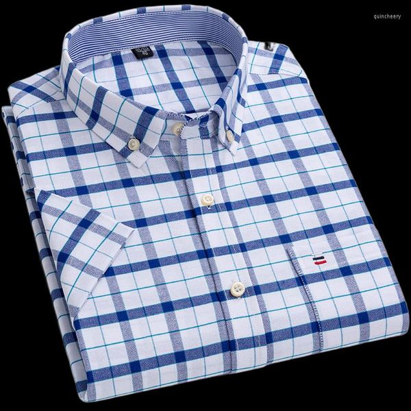 Camisas de vestido masculinas Cotton Oxford Summer Summer Short Slave Plaid Stripes com bolsos roupas sociais casuais inteligentes Camiseta 7xl