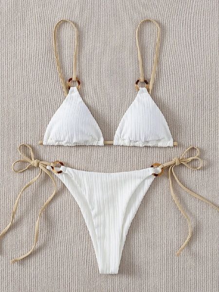 Swim Wear Sexy Bikini Set Stute White Plain Cring Linked Spaghetti Strap Triangle Thong Biquini Swimsuit Женщины для купания костюма B0 230515